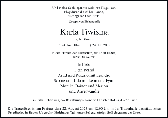 Traueranzeige von Karla Tiwisina von Tageszeitung