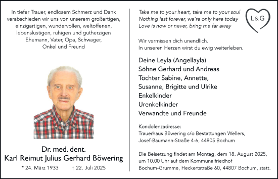 Traueranzeige von Karl Reimut Julius Gerhard Böwering von Tageszeitung