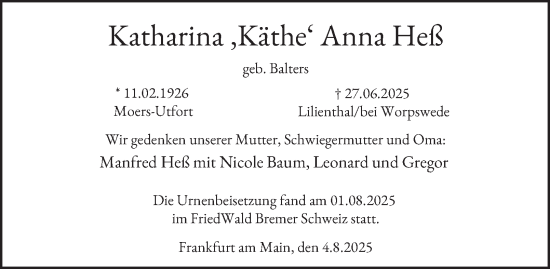Traueranzeige von Katharina Anna Heß von Tageszeitung