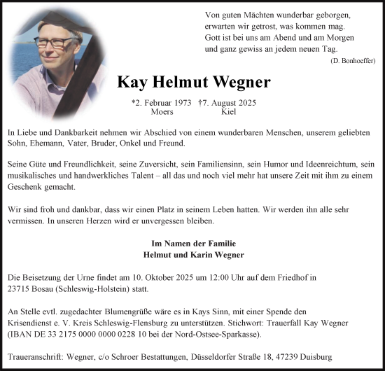 Traueranzeige von Kay Helmut Wegner von Tageszeitung