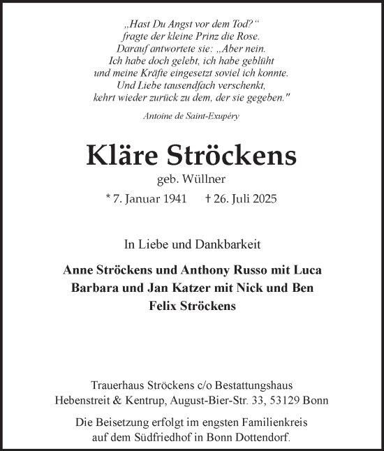 Traueranzeige von Kläre Ströckens von Tageszeitung