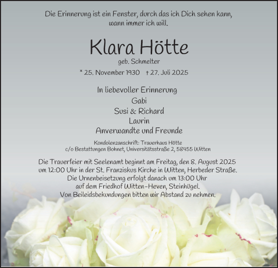 Traueranzeige von Klara Hötte von Tageszeitung