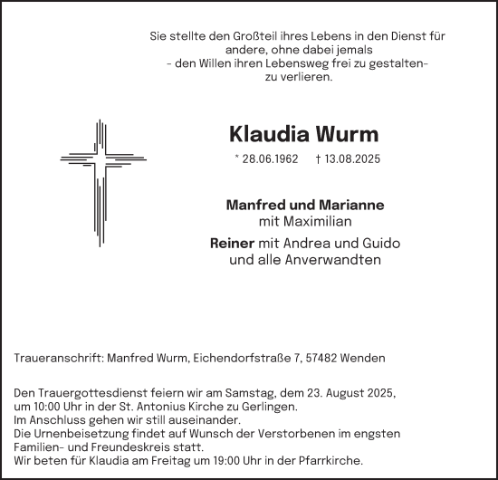 Traueranzeige von Klaudia Wurm von Tageszeitung