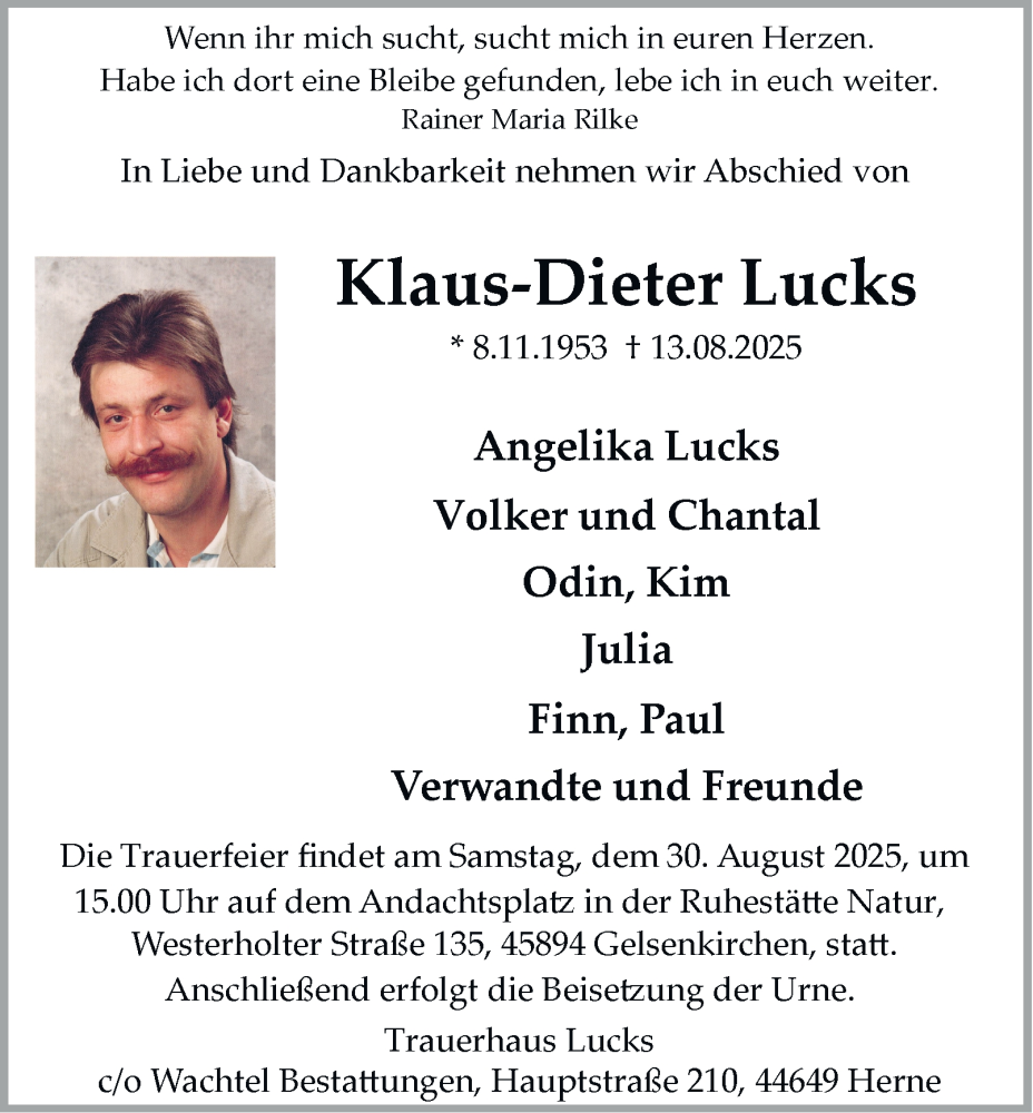  Traueranzeige für Klaus-Dieter Lucks vom 23.08.2025 aus Tageszeitung