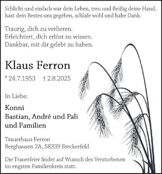 Traueranzeige von Klaus Ferron von Tageszeitung