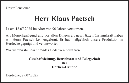 Traueranzeige von Klaus Paetsch von Tageszeitung