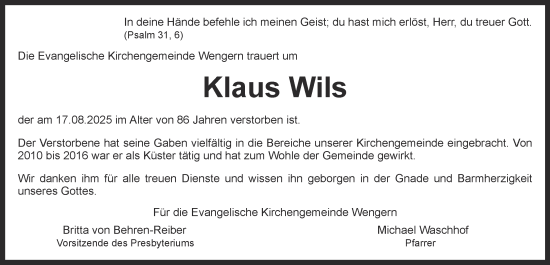 Traueranzeige von Klaus Wils von Tageszeitung