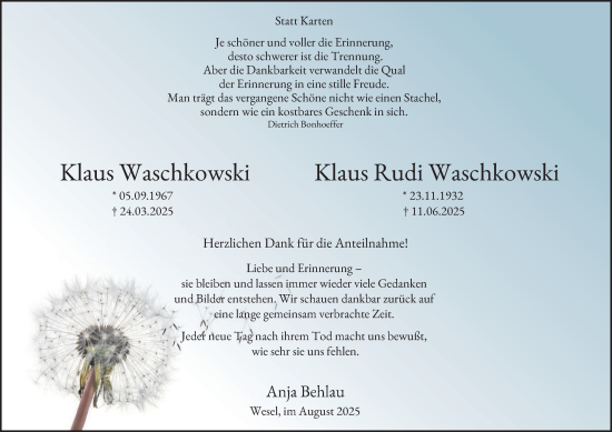 Traueranzeige von Klaus Rudi Waschkowski von Tageszeitung