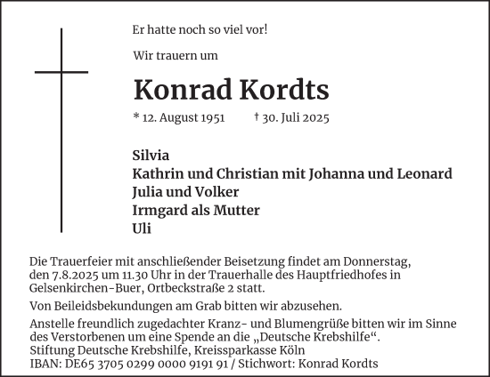 Traueranzeige von Konrad Kordts von Tageszeitung