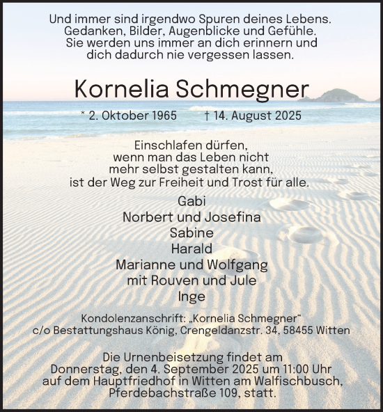 Traueranzeige von Kornelia Schmegner von Tageszeitung