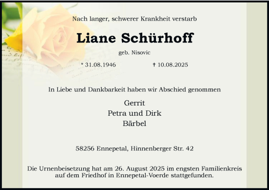 Traueranzeige von Liane Schürhoff von Tageszeitung