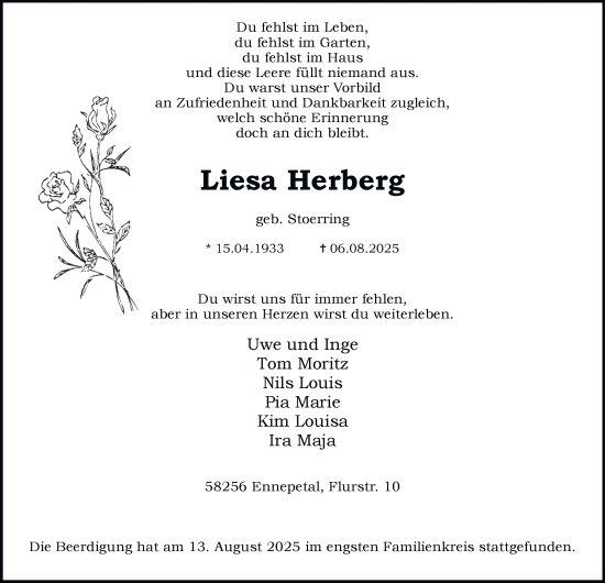 Traueranzeige von Liesa Herberg von Tageszeitung