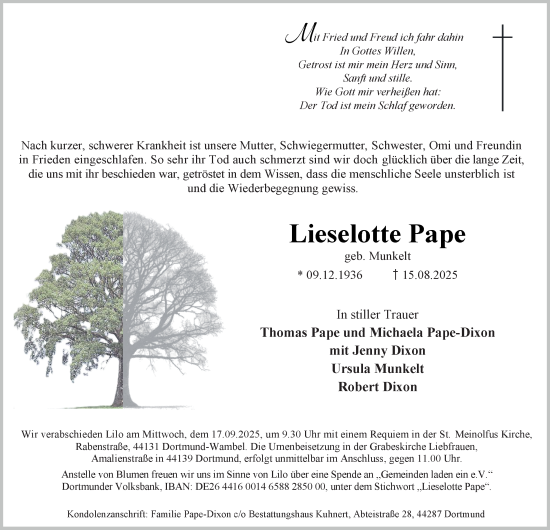 Traueranzeige von Lieselotte Pape von Tageszeitung