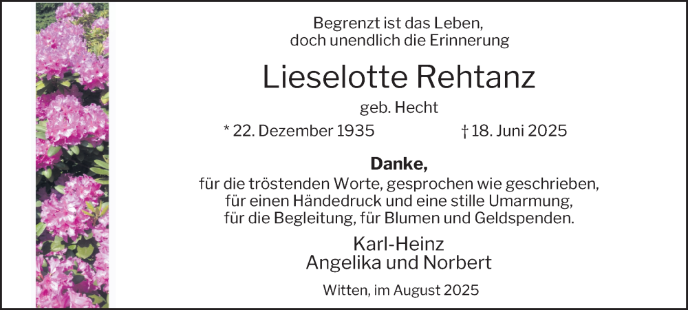  Traueranzeige für Lieselotte Rehtanz vom 16.08.2025 aus Tageszeitung