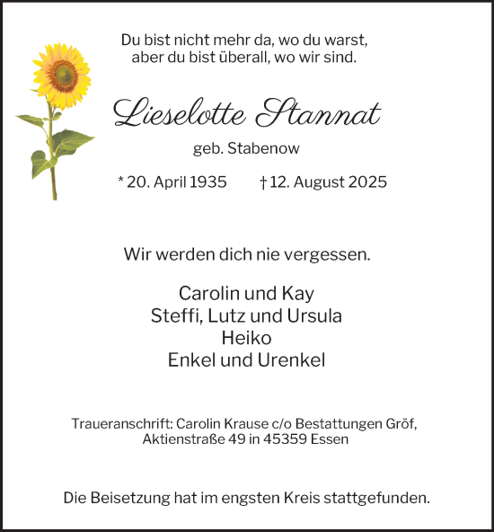 Traueranzeige von Lieselotte Stannat von Tageszeitung
