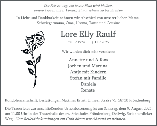 Traueranzeige von Lore Elly Raulf von Tageszeitung