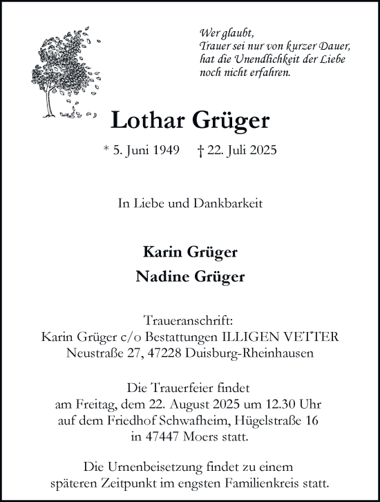 Traueranzeige von Lothar Grüger von Tageszeitung