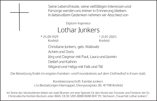 Traueranzeige von Lothar Junkers von Tageszeitung