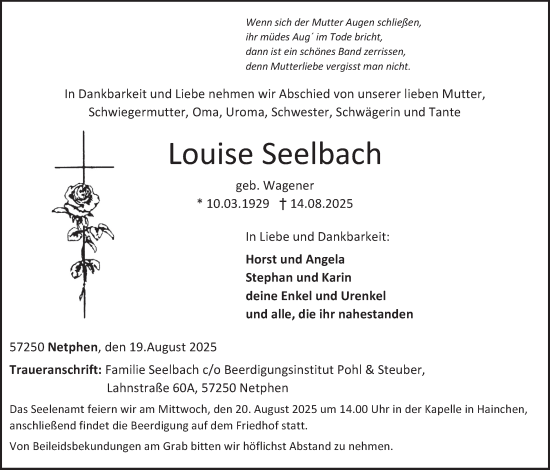 Traueranzeige von Louise Seelbach von Tageszeitung