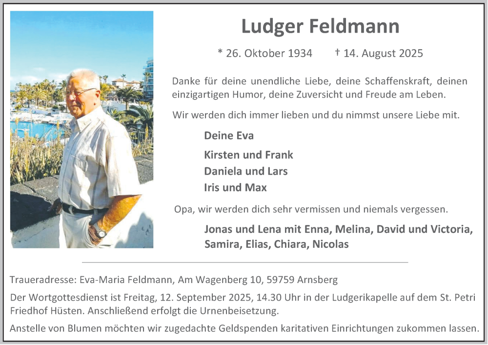  Traueranzeige für Ludger Feldmann vom 30.08.2025 aus Tageszeitung
