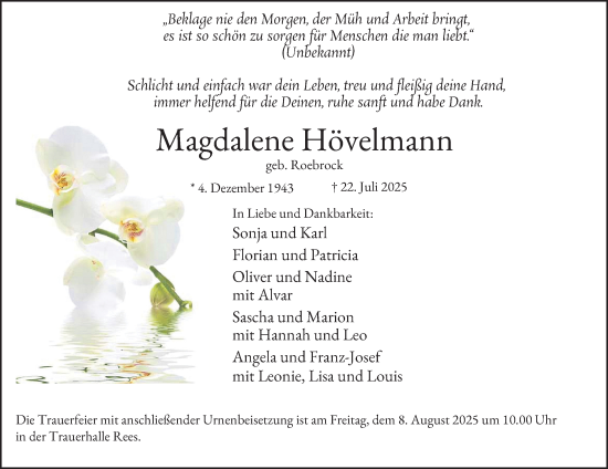 Traueranzeige von Magdalene Hövelmann von Tageszeitung