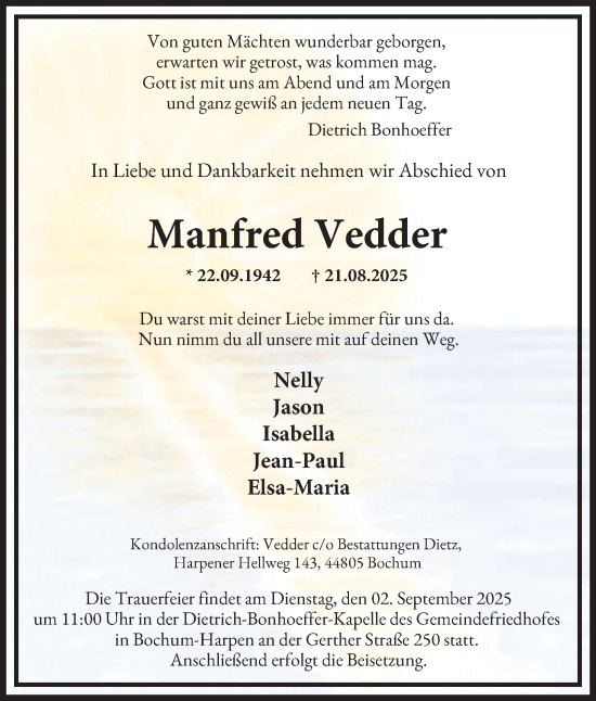Traueranzeige von Manfred Vedder von Tageszeitung
