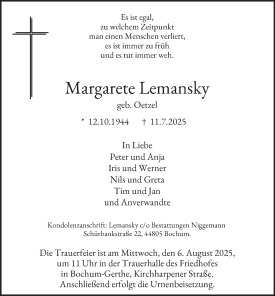 Traueranzeige von Margarete Lemansky von Tageszeitung