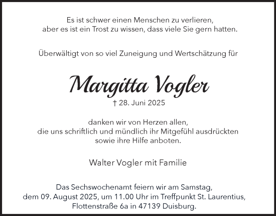 Traueranzeige von Margitta Vogler von Tageszeitung