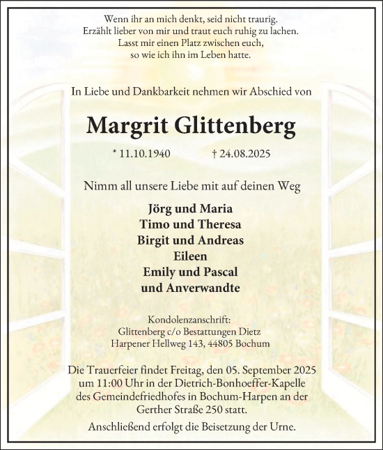 Traueranzeige von Margrit Glittenberg von Tageszeitung