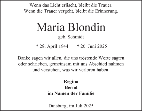 Traueranzeige von Maria Blondin von Tageszeitung