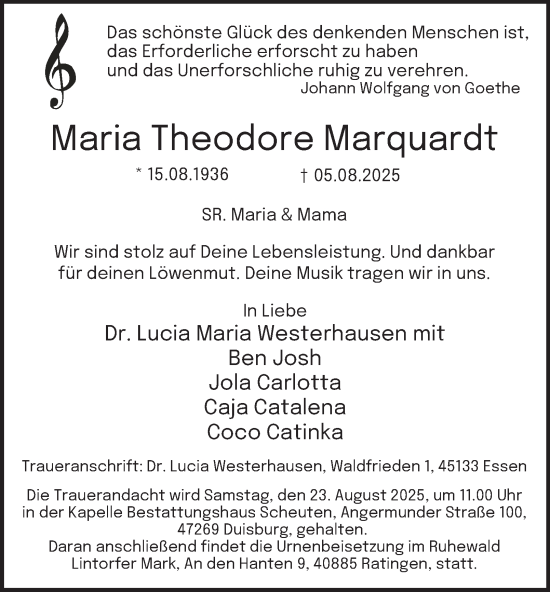 Traueranzeige von Maria  Marquardt von Tageszeitung