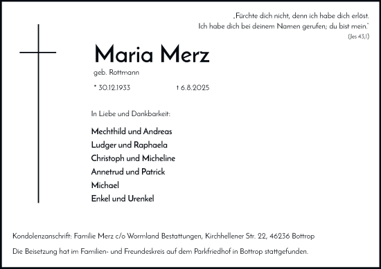 Traueranzeige von Maria Merz von Tageszeitung