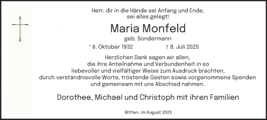 Traueranzeige von Maria Monfeld von Tageszeitung