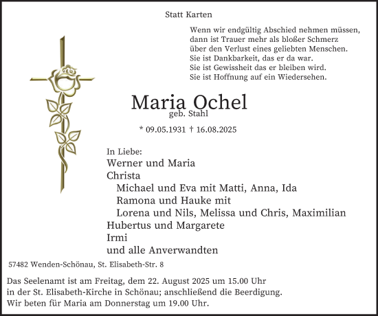Traueranzeige von Maria Ochel von Tageszeitung