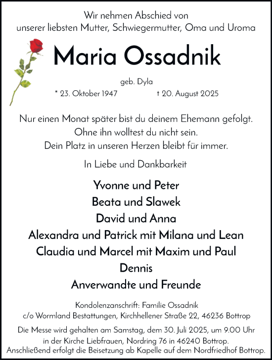 Traueranzeige von Maria Ossadnik von Tageszeitung