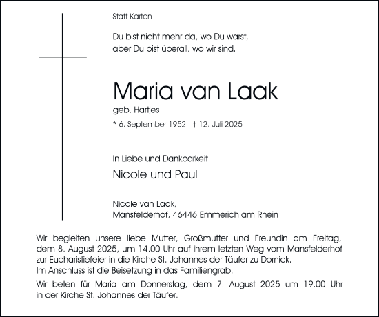 Traueranzeige von Maria van Laak von Tageszeitung