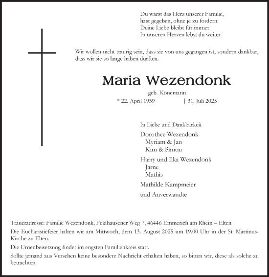 Traueranzeige von Maria Wezendonk von Tageszeitung