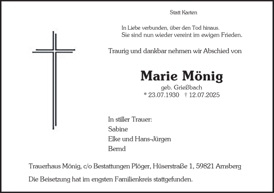 Traueranzeige von Marie Mönig von Tageszeitung