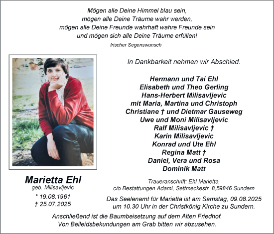 Traueranzeige von Marietta Ehl von Tageszeitung
