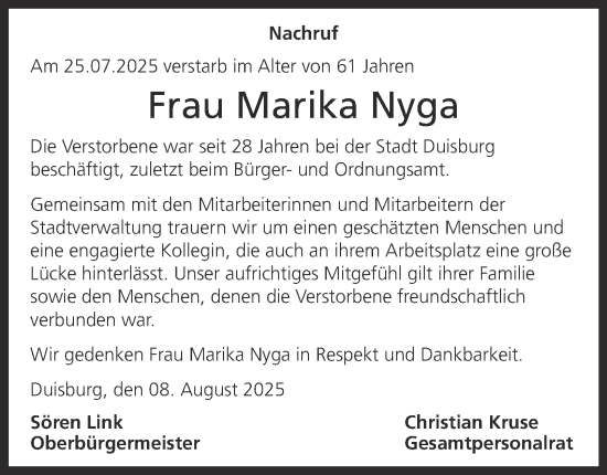Traueranzeige von Marika Nyga von Tageszeitung