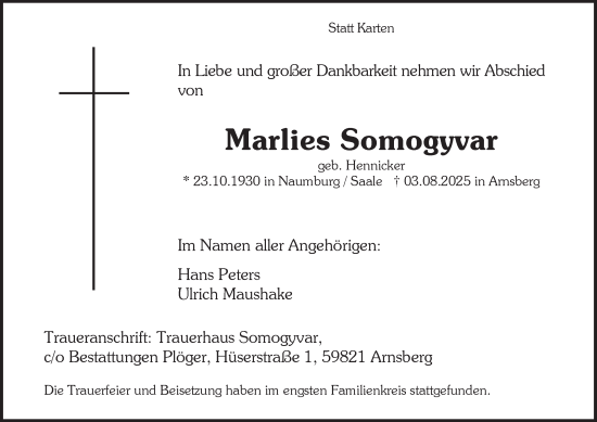 Traueranzeige von Marlies Somogyvar von Tageszeitung