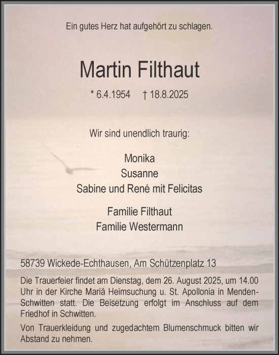 Traueranzeige von Martin Filthaut von Tageszeitung