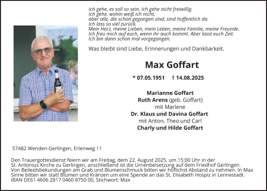 Traueranzeige von Max Goffart von Tageszeitung