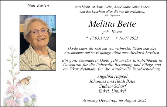 Traueranzeige von Melitta Bette von Tageszeitung