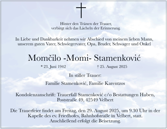 Traueranzeige von Momčilo Stamenkovic von Tageszeitung
