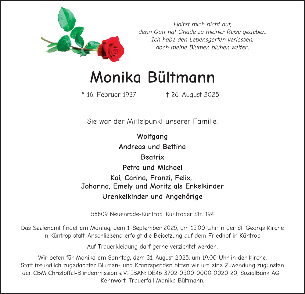  Traueranzeige für Monika Bültmann vom 29.08.2025 aus Tageszeitung