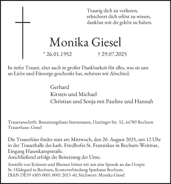 Traueranzeige von Monika Giesel von Tageszeitung