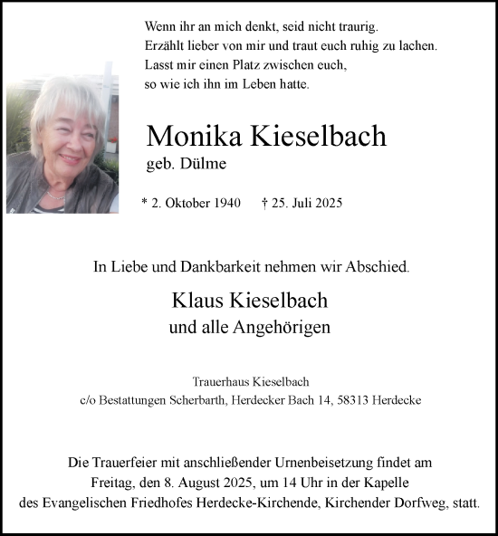Traueranzeige von Monika Kieselbach von Tageszeitung