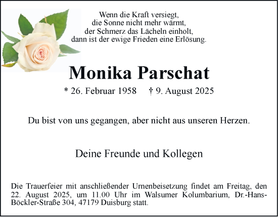 Traueranzeige von Monika Parschat von Tageszeitung