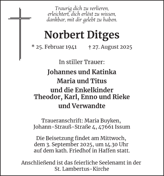 Traueranzeige von Norbert Ditges von Tageszeitung